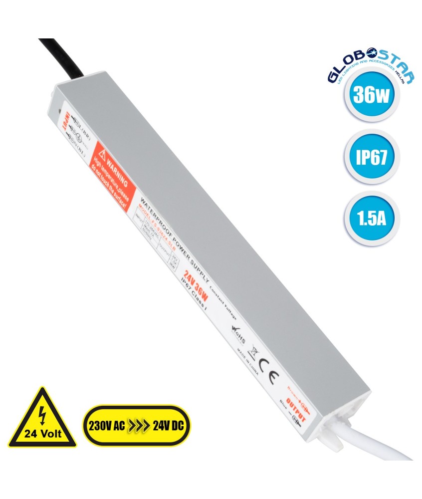 GLOBOSTAR® LUMIWATER 73061 Τροφοδοτικό-Μετασχηματιστής SELV 36W 1.5A DC 24V Αδιάβροχο IP67 - AC 220-240V σε DC 24V - Μ22.1 x Π3 x Υ2cm - 3 Χρόνια Εγγύηση